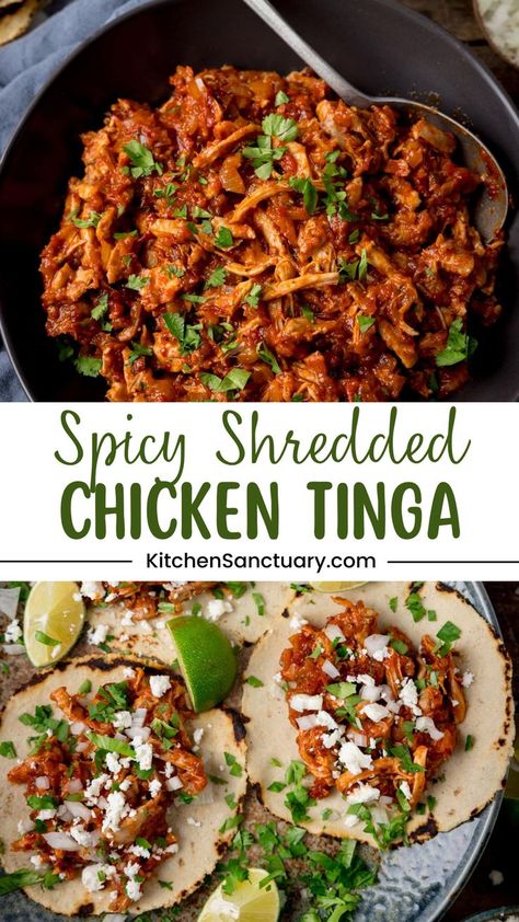 Transform your weeknight dinners with this vibrant Spicy Shredded Chicken Tinga recipe. Bursting with flavor from chipotle chilies, oregano, and smoked paprika, this dish delivers a delightful kick. Serve it on soft corn tortillas topped with fresh cilantro, diced onion, and a sprinkle of cheese for a truly satisfying meal. Perfect for any taco night! Spicy Shredded Chicken, Soft Corn Tortillas, Roast Dinner Sides, Tinga Recipe, Smoked Paprika Chicken, Chicken Tinga Recipe, Chipotle Recipes, Kitchen Sanctuary, Quick Chicken Dinner