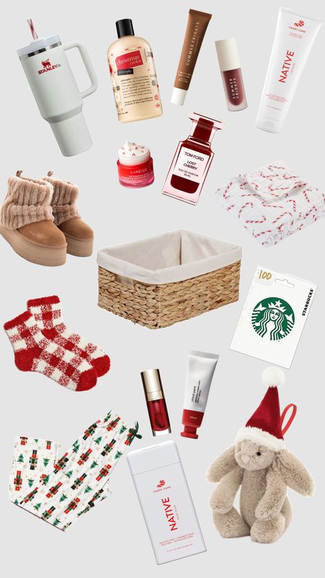 #burrbasket #chrismas Cheap Xmas Gifts, Xmas Gift Baskets, Preppy Birthday Gifts, Christmas Wallpaper Ipad, Cute Christmas Ideas, Santa Decor, Gift Inspo, Christmas Baskets, Secret Santa Gift