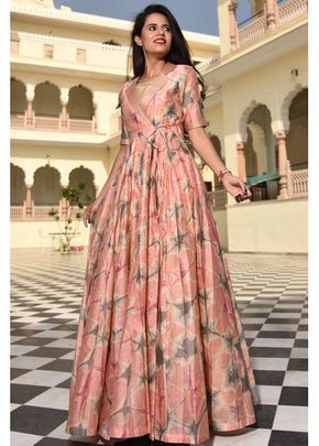 Embroidered Neck Peach Dress - | 3999 Dresses From Old Sarees, Wrap Outfit, Wash Car, Anarkali Dress Pattern, Stitching Dresses, Long Gown Dress, Long Dress Design, Salwar Kamiz, Indian Gowns Dresses