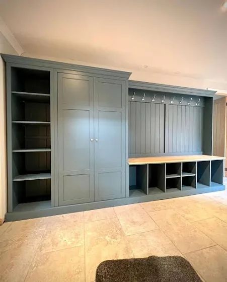 Shelved Boot Room Bench Combination | Google Shopping Utility Room Floor To Ceiling Cupboards, Garage Boot Room, Hallway Cupboard Storage Ideas, Boot Room Ideas Entrance, Built In Hallway Storage, Mud Room Pantry Combo, Wide Hallway Ideas, Cloakroom Cupboard, Large Hallway Ideas