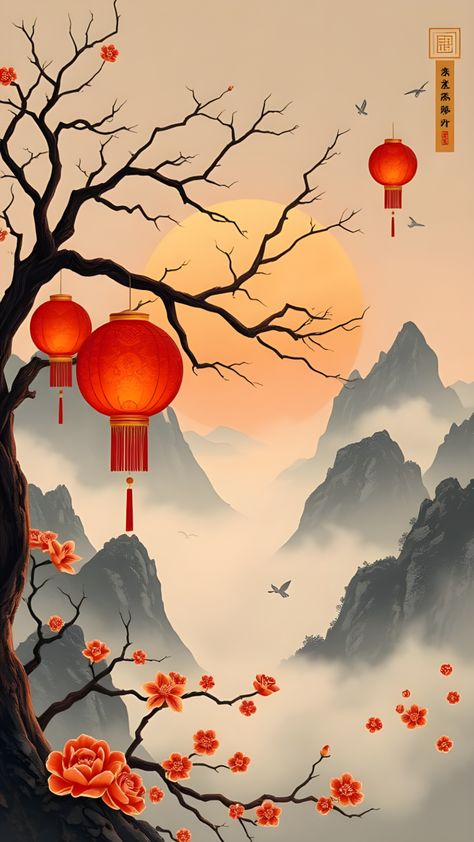 Chinese New Year Chinese Wall Painting, Lunar New Year Phone Wallpaper, Chinese New Year Painting, Lunar New Year Art, China Illustration, Chinese Art Style, Chinese New Year Art, Chinese Tree, New Year's Drawings