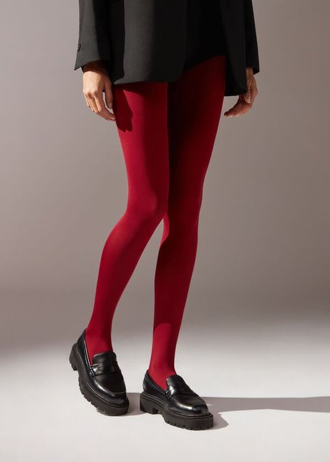 Dark Red Clothes, Red Stockings Outfit, Red Tights Outfit, Red Black Outfit, Red Shoes Outfit, Red Tights, Red Stockings, Patterned Tights, Red Fits