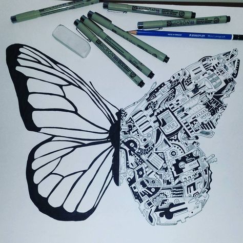 Butterfly Art Abstract, Mechanical Butterfly, Abstract Doodles, Cool Doodles, Butterfly Art, Art Abstract, Fashion Art, Abstract Art, Doodles