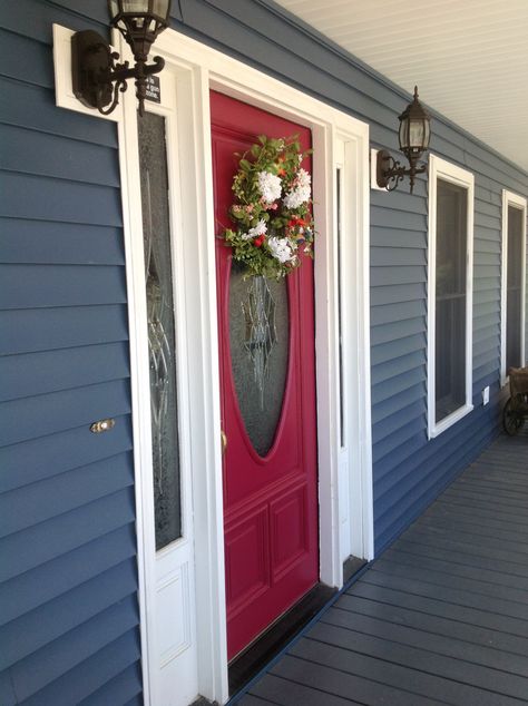 Lowe's Bayou Blue siding, white trim, Behr Sugar Beet door. Blue House Blue House White Trim, Best House Exterior, White Window Trim, Red Door House, Blue Siding, Exterior Design Ideas, Exterior House Color, Sugar Beet, House White