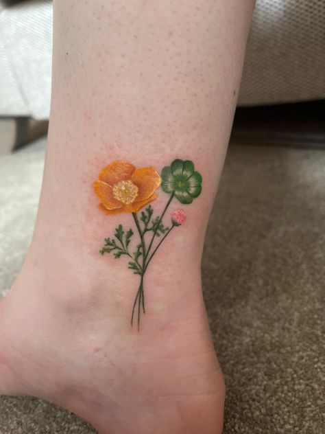 Clover And Sunflower Tattoo, Clover Bouquet Tattoo, Irish Flower Tattoo, California Poppy Tattoo, Shamrock Tattoo, Yellow Rose Tattoos, Cousin Tattoos, Shamrock Flower, Shamrock Tattoos