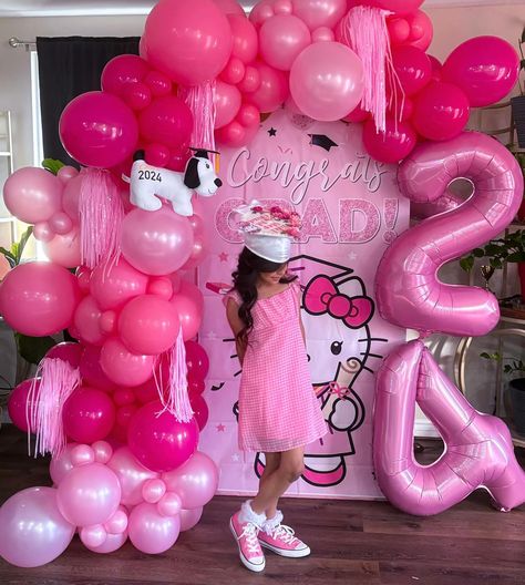 Hello Kitty Graduation Balloon & Backdrop Setup for my Little Graduate 🎓✨💕 Grad Hello Kitty, Hello Kitty Graduation Party Ideas, Hello Kitty Backdrop Ideas, Hello Kitty Graduation Cakes, Hello Kitty Graduation Party, Hello Kitty Backdrop, Hello Kitty Centerpieces, Hello Kitty Graduation, Backdrop Setup