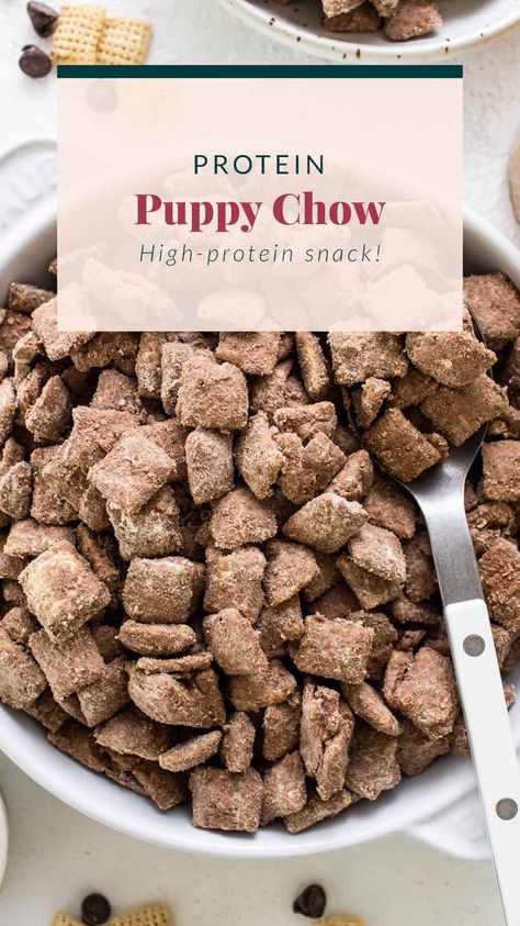 Protein Puppy Chow - Fit Foodie Finds Protein Puppy Chow, Devotion Protein, Devotion Nutrition, Puppy Chow Recipe, Chow Recipe, Puppy Chow Recipes, Gluten Free Protein, High Protein Desserts, Muddy Buddies