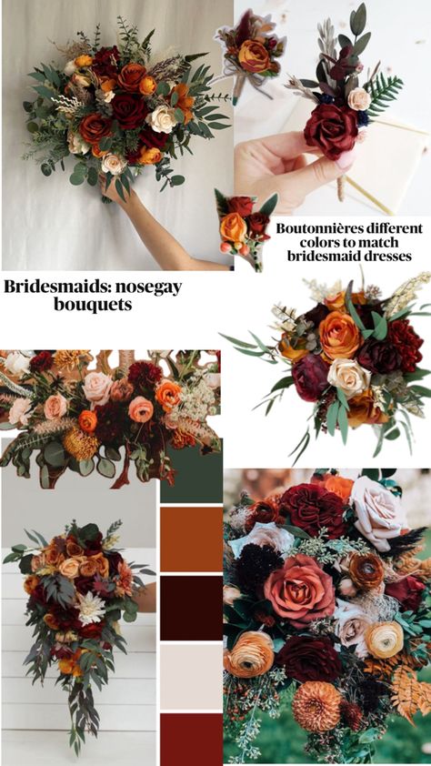 Preferably different boutonnière to match/similar to bridesmaid’s dresses. Debating traditional bridesmaid bouquets or nosegay. Fall Wedding Color Schemes, Madison Wedding, Bridesmaid Bouquets, November Wedding, Future Wedding Plans, Cute Wedding Ideas, Fall Wedding Colors, Wedding Color Palette, Western Wedding