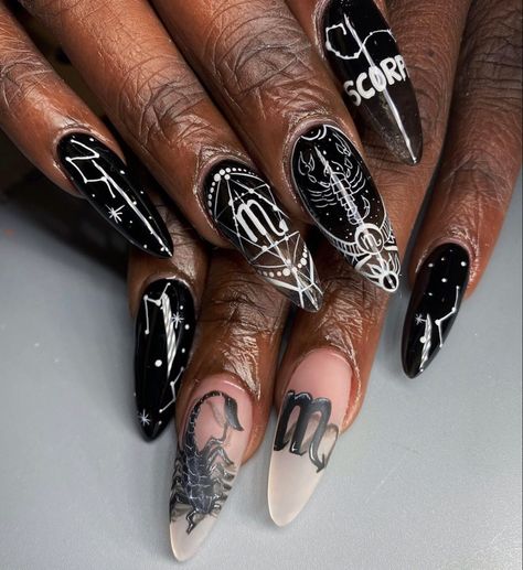 Scorpio Nail Art Zodiac Signs, Black Scorpio Nails, Zodiac Sign Nail Designs, Scorpio Nail Designs, Scorpio Nails Acrylic, Scorpio Acrylic Nails, Scorpio Nail Art, Scorpio Nail Ideas, Scorpion Nails