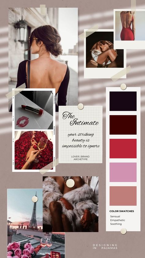 Lover Archetype Color Palette, Lover Archetype Aesthetic Outfit, Personal Style Mood Board, Lover Archetype Moodboard, The Lover Style Archetype, Lover Archetype Brand, Lover Brand Archetype Moodboard, The Lover Archetype Aesthetic Style, The Lover Archetype Aesthetic Clothes