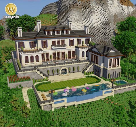 Minecraft Mansion Ideas Tutorial, White Minecraft Mansion, Minecraft Mega Mansion, Fancy Minecraft Builds, Huge Minecraft Houses, Big Minecraft Houses Mansions, Minecraft Estate, Mansion Minecraft Ideas, Minecraft Large House