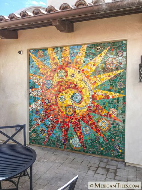 Broken Tile Mosaic, Art Deco Sun, Mexican Talavera Tile, Main Entrance Door, Stair Riser, Talavera Tile, Mosaic Garden Art, Mosaic Tile Art, Mosaic Stained