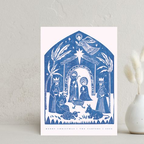 Send warm greetings with the Linocut Nativity holiday postcards! FREE recipient address printing and unlimited rounds of edits are included. Christian Christmas Cards, Paper Dahlia, Joy Wreath, Vintage Wreath, Holiday Design Card, Christmas Mantle, Personalised Christmas Cards, Christian Christmas, Holiday Postcards