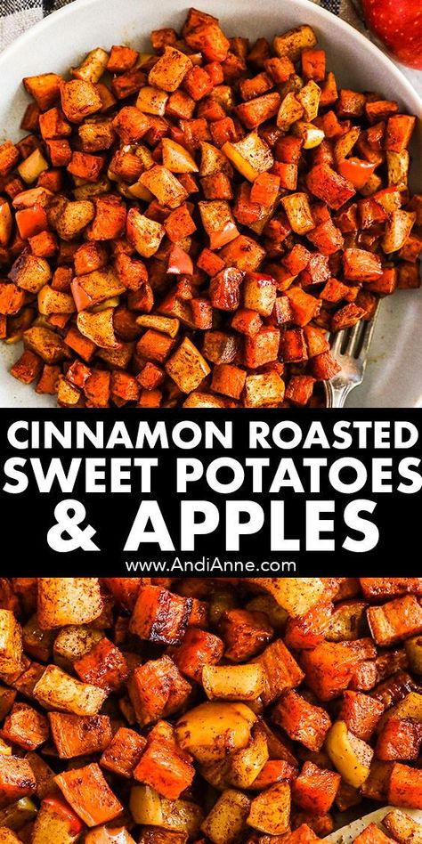 Roasted Sweet Potatoes With Cinnamon, Roasted Apple And Sweet Potato, Baked Sweet Potato And Apple Recipes, Healthy Fall Sweet Potato Recipes, Sweet Potato Apple Chutney, Fall Squash Side Dish, Fall Recipes With Sweet Potatoes, Baked Apples And Sweet Potatoes, Seasoning For Sweet Potatoes