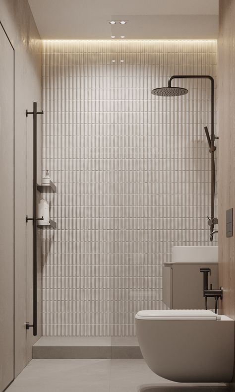 Small Open Bathroom Ideas, Minimal Shower Design, Small Long Bathroom Design, Minimalistic Toilet Design, Small Bathroom Design Inspiration, Simple Shower Tile, Small Townhouse Interior Design, No Glass Shower Ideas, Small Bathrooms With Showers