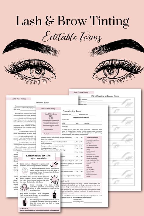 Editable Lash and Brow Tinting Forms, Eyebrow Tint Consultation, Eyelash Tint Client Intake, Consent Form, Aftercare, Beauty Salon Template Brow Salon Ideas, Brow Salon, Eyelash Tint, Lash And Brow Tint, Eyebrow Tint, Skin Care Specialist, Eyelash Tinting, Lash Tint, Lash Business