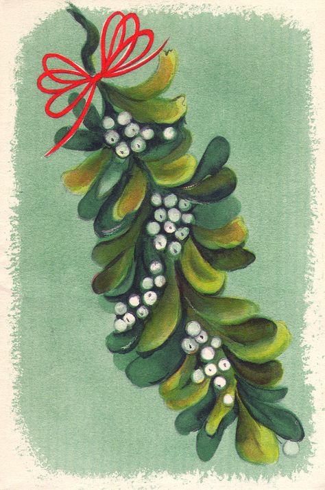 Mistletoe Mistletoe Crafts, Mistletoe Craft, Vintage Mistletoe, December Inspiration, Winter Botanicals, Retro Holiday Cards, Mistletoe Kiss, Gift Tree, Christmas Illustrations