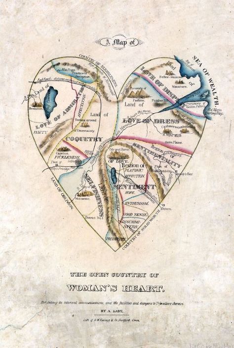 Maps--imaginary --Map of Woman's Heart, 19th century Handwritten Text, Design Invitation, Heart Map, Map Globe, Art Carte, Human Heart, Vintage Map, Map Art, A Heart