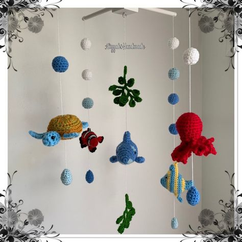 Finding Nemo Nursery, Baby Room Decals, Crochet Baby Pants, Crochet Baby Mobiles, Modern Crochet Blanket, Blue Baby Blanket, Baby Leg Warmers, Crochet Mobile, The Deep Blue Sea