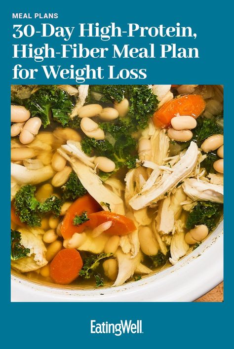 Keep hunger at bay while supporting your weight-loss goals with this 30-day high-protein, high-fiber meal plan, created by a dietitian. #healthymealplans #healthyrecipes #mealplan #mealplanideas #mealplanning #mealprep#weightloss#dietrecipes#weightlossrecipes#weightlossideas#diet#dietinspiration High Fibre Meal Plan, High Fiber High Protein Meals Dinners, Protein Fiber Meals, Protein Fat Fiber Meals, Meal Plans High Protein, High Fiber High Protein Meals, Noom Dinners, High Protein And Fiber Meals, High Protein High Fiber Meals