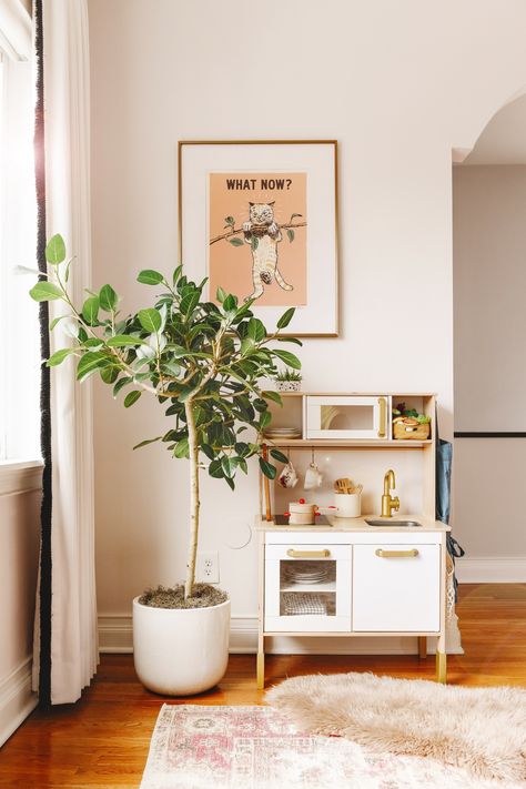 The Completed Family Room + Playroom! - Yellow Brick Home Family Room Playroom Combo, Playroom Yellow, Dining Room Playroom Combo, Whimsical Playroom, Family Room Playroom, Playroom/living Room, Kid Friendly Living Room, Ikea Play Kitchen, Play Corner