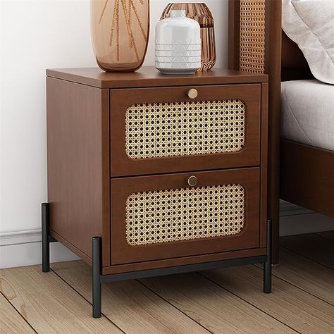 Amazon.com: Polibi Retro Nightstand with 2 Storage Drawers and Rattan Wicker Design, Wooden End Table Side Table with Metal Knobs and Legs for Bedroom, Living Room, Apartment, Black : Home & Kitchen Wood Closet, Side Tables For Bedroom, Rattan Wood, Walnut Nightstand, Drawer Design, 2 Drawer Nightstand, Modern Nightstand, Bedside Tables Nightstands, Wood Nightstand