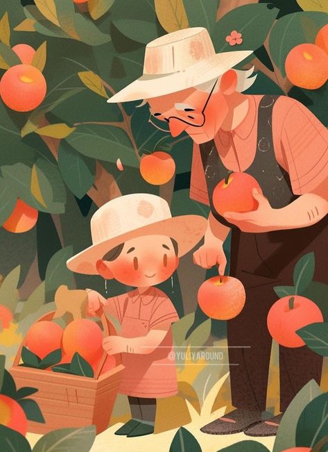 Clean Illustration Style, Grandpa Illustration, Orchard Illustration, Grandma Illustration, Kids Stories Illustration, Gardener Illustration, Farmer Illustration, Book Illust, Capybara Art