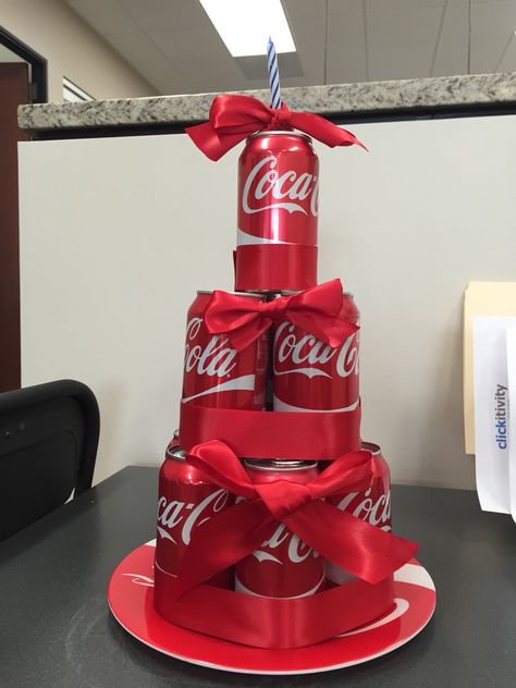 Made this Coke Can Cake for a co-worker! #Coke #CokeCake Coke Bouquets, Coca Cola Gift Ideas, Coke Zero Gift Ideas, Coke Cola Gifts Diy, Diet Coke Cake Design, Coke Cola Cake Theme, Coca Cola Cupcakes, Coke Gifts, Coca Cola Party