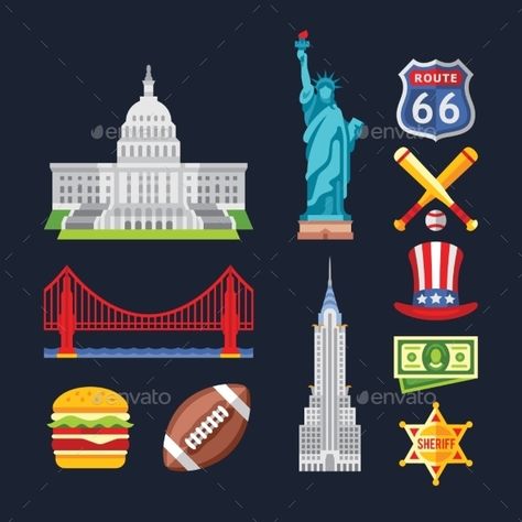 Traditional Symbols of Architecture and Culture Usa Symbols, Usa Culture, Architecture Symbols, Donuts Cake, Kansas Map, Cartoon Map, Study Book, Flags With Names, North America Map