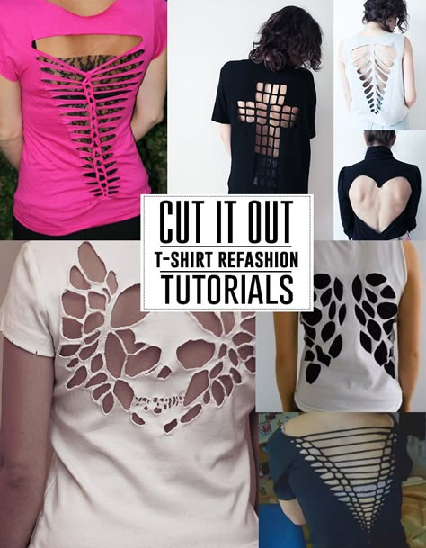 Learn tons of different ways to cut up your t-shirts and make cool new designs with these tutorials. Cut Up T Shirt, T Shirt Tutorial, Diy Cut Shirts, Cut Up Shirts, Shirt Tutorial, Diy Clothes Refashion, Diy Clothes Videos, Tshirt Refashion, Diy Vetement