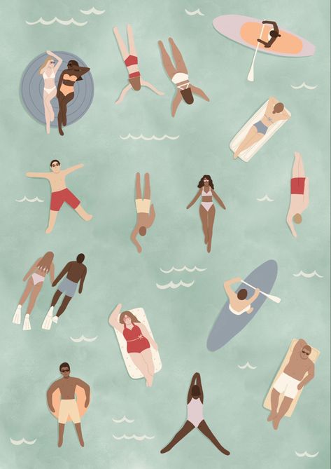 Illustration Art Beach, Summer Prints Pattern, Beach Illustration Art, Happy Illustration Art, Ocean Illustration Art, Summer Illustration Design, Summer Illustration Art, Swim Illustration, Summer Beach Illustration