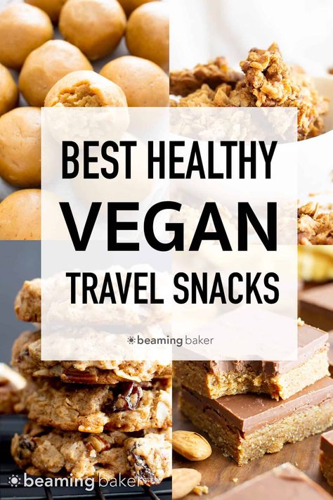 The best vegan snacks for traveling, including make-ahead no bake snacks, healthy homemade cookies, the best fruits and more vegan travel snacks! #travel #traveltips #travelhacks #travelsnacks #vegan | Post on BeamingBaker.com Snacks For Traveling, Wfpb Snacks, Beaming Baker, Bake Snacks, Best Vegan Snacks, Healthy Travel Snacks, Vegan Gluten Free Desserts, Filling Snacks, Snacks Healthy