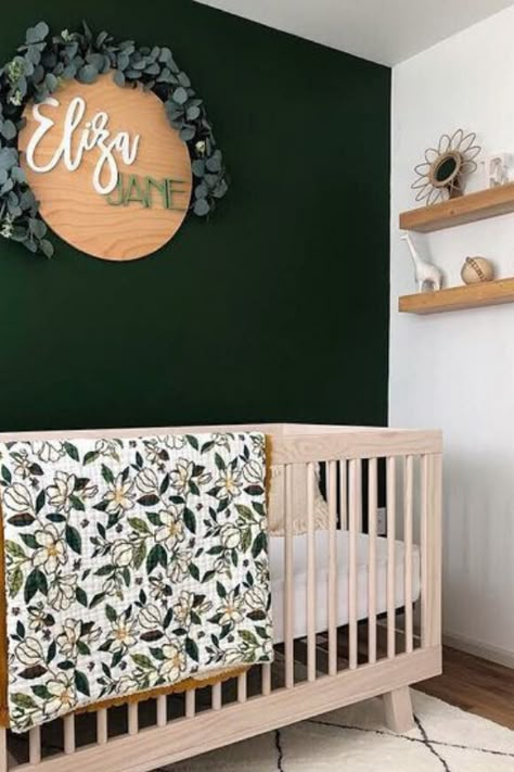 NURSERY IDEAS WITH ACCENT WALLS Nursery Ideas Dark Green, Moroccan Nursery, Green Nursery Girl, Dreamy Nursery, Green Accent Walls, Baby Nursery Inspiration, Girl Nursery Room, Baby Room Design, Nursery Theme