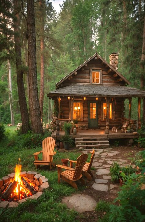 Cabin In Forest Aesthetic, Family Cabin Exterior, Woods Landscaping Ideas, Small Cabin Exterior, Chalet Aesthetic, Cottages In The Woods, Homestead Cabin, Facts About Halloween, Cabin Houses