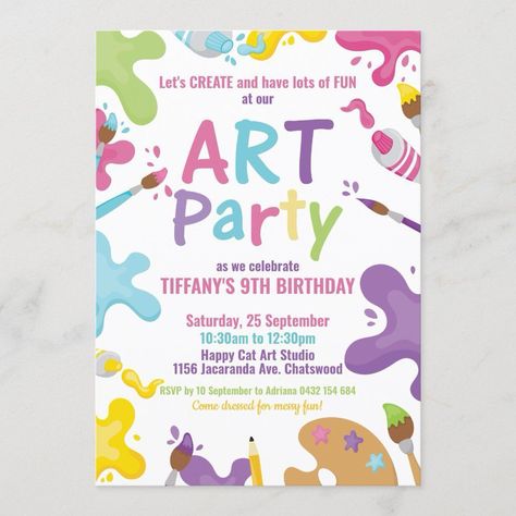 Artist Birthday Party Invitations, Paint Birthday Invitations, Arts And Crafts Party Invitation, Rainbow Art Birthday Party, Art Themed Birthday Party Invitations, Art Party Invitations Template, Painting Birthday Party Invitations, Colors Birthday Party Theme, Art Party Invitations Diy