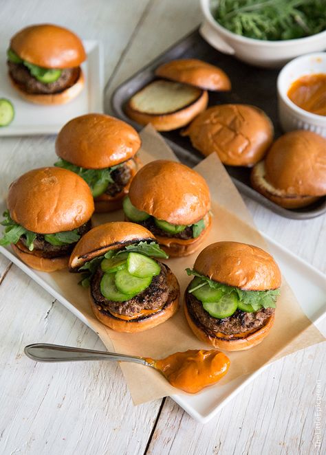 Asian Sliders with gochujang mayo- The Little Epicurean Asian Sliders, Gochujang Mayo, Easy Burgers, The Cookie Rookie, Cookie Rookie, Mini Burgers, Cookout Food, Brioche Buns, Easy Appetizer Recipes