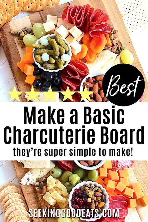 If you've never made a charcuterie board before, it's easy! With our simple steps you can create a simple and easy charcuterie board with common easy to find ingredients! (p.s. if you're still overwhelmed just copy ours) ;) Wow your guests with a gorgeous food board at your next party or holiday gathering! Easy Charcuterie Board Ingredients, Charcuterie Board Basic, Ingredients For Charcuterie Board, Charcuterie Board Basics, Charcuterie Ingredient List, Make Ahead Charcuterie Board, Charcuterie Board Small Easy, How To Assemble A Charcuterie Board, Charcuterie Board Tutorial