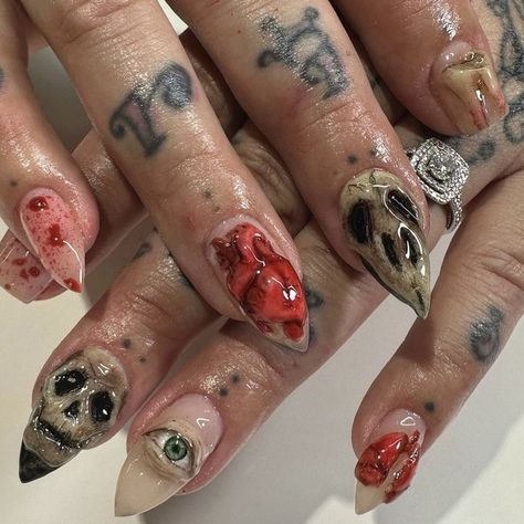 halloween nails Halloween Nails 3d, Gory Nails, 3d Halloween Nails, Eyeball Nails, Spooky Manicure, Witchy Nails, Halloween Acrylic Nails, Punk Nails, Goth Nails