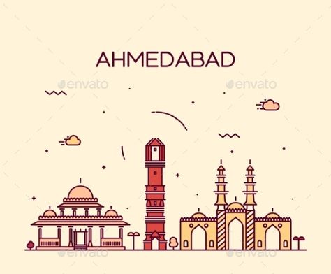 Ahmedabad Skyline Vector Illustration Linear by gropgrop Ahmedabad skyline detailed silhouette Trendy vector illustration linear style Ahmedabad Skyline, Asia City, Hindu Kush, City Branding, Cute Designs To Draw, Skyline Silhouette, City Icon, Skyline Design, City Logo