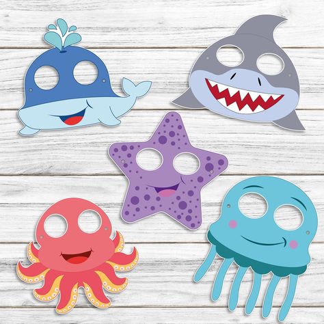 SEA Animal Masks ocean animal printable paper mask kid party - Etsy Italia Kids Crafts Masks, Animals Mask, Animal Mask Templates, Shark Mask, Animal Masks For Kids, Fish Mask, Animal Face Mask, Masks Crafts, Mask Template