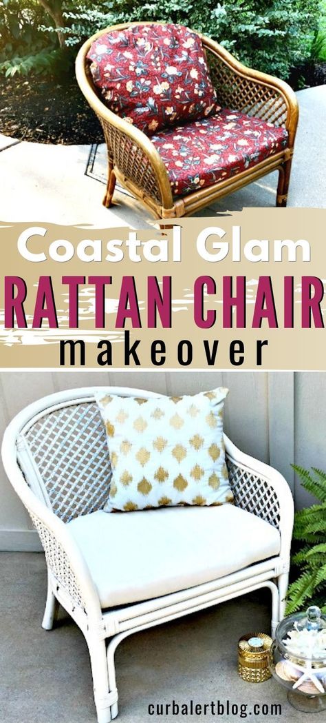 It's such a  good feeling when a project comes together quickly and ends up the way you really wanted it to.  Take a peek at how easy it was to update this rattan chair: a quick makeover with a big effect!  #rattanchair  #chair #makeover #furnituremakeover #diyhomedecor Rattan Chair Makeover, Rattan Furniture Makeover, Coastal Glam Decor, Wicker Furniture Makeover, Coastal Glam, Furniture Makeover Ideas, Rattan Chairs, Future Garden, Furniture Flips