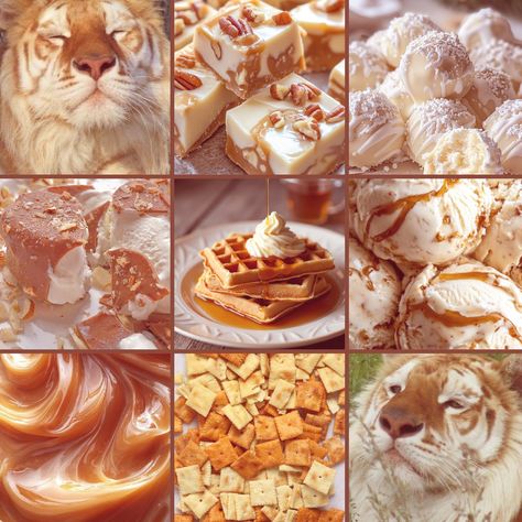 A Moodboard I made because my mood was bored Tiger Moodboard, Bengal Tiger, Vanilla Ice Cream, Character Ideas, Mood Boards, Waffles, Caramel, Mood Board, Vanilla