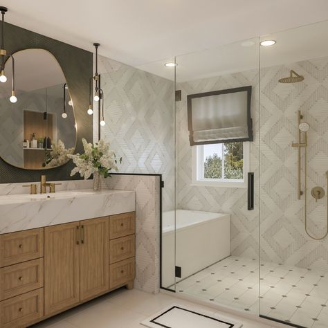 Sometimes you just need a render to see the vision through! This #NewBuild #MasterBathroom was the perfect opportunity to (1) use a rendering and (2) use a wet room! This bathroom presented many challenges - from a cement retaining wall blocking nearly everything to digging out concrete for plumbing and even termite damage (yikes!), were finally getting ready to implement this gorgeous design. The previous layout just wasn't functional. The bathroom was teeny-tiny and the bedroom was almost... Downstairs Wet Room Ideas, Narrow Wet Room, Cement Retaining Wall, Wet Room Bathroom With Tub, Master Bath Wet Room, Tub With Jets, Small Wet Room, Bathroom Wet Room, Retaining Wall Block