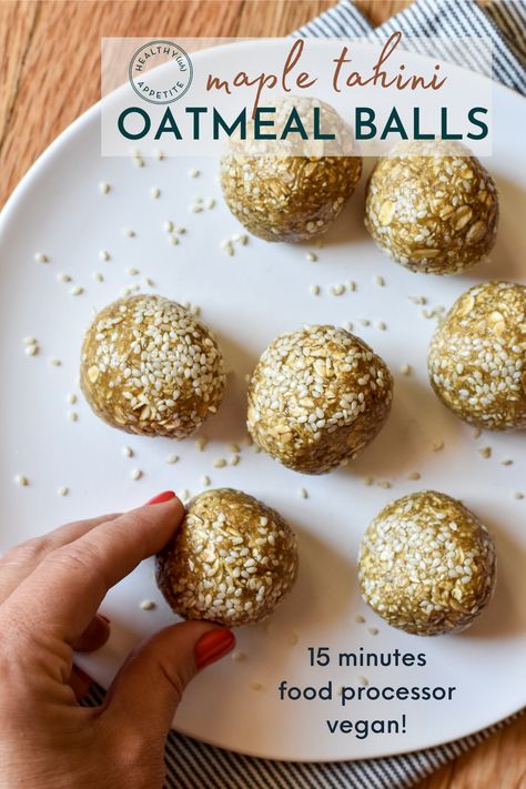 Simple, sweet and salty! These maple tahini oatmeal balls satisfy all of your cravings and provide a delicious, portable vegan snack on the go. Tahini Oatmeal, Pumpkin Blueberry Muffins, Salty Snack Recipes, Vegan Snacks On The Go, Easy Peach Crisp, Oatmeal Balls, Snack On The Go, Oatmeal Bites, Snack Balls