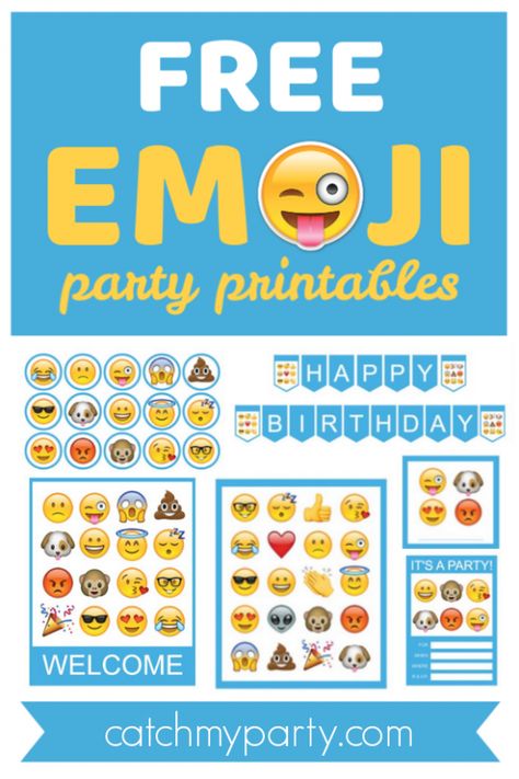 Free Emoji Party Printables for an Amazing Party! | CatchMyParty.com Emoji Party Games, Kids Birthday Party Themes Boy, Printable Emoji Faces Free, Emoji Theme Birthday Party, Emoji Birthday Party Ideas Decoration, Free Emoji Printables, Emoji Birthday Party Ideas, Rosie Birthday, Emoji Classroom Theme