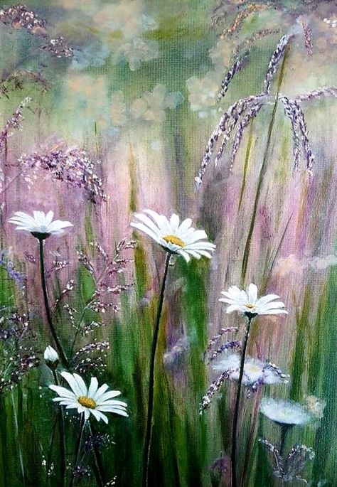 Flowers In Grass Painting, Field Wildflowers, Wildflower Field Painting, Thistle Painting, Garden Oil Painting, Wildflowers Field, Nature Field, Summer Wildflowers, Flowers Field