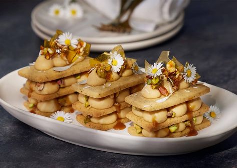 Nutty, Caramel and Chamomile Sable Recipe | Westgold AU Sable Recipe, Dish Magazine, Caramel Praline, Salted Caramel Cake, Layered Dessert, Roasted Nuts, Golden Syrup, Little Cakes, Lemon Lavender