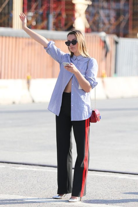 Paired With a Button-Down That's Open Like a Belly Shirt, and Metallic Heels Adidas Track Pants Outfit, Lazy Fashion, Belly Shirt, Track Pants Outfit, Wardrobe Change, Chloë Sevigny, Belly Shirts, Look Adidas, Outfit Plan