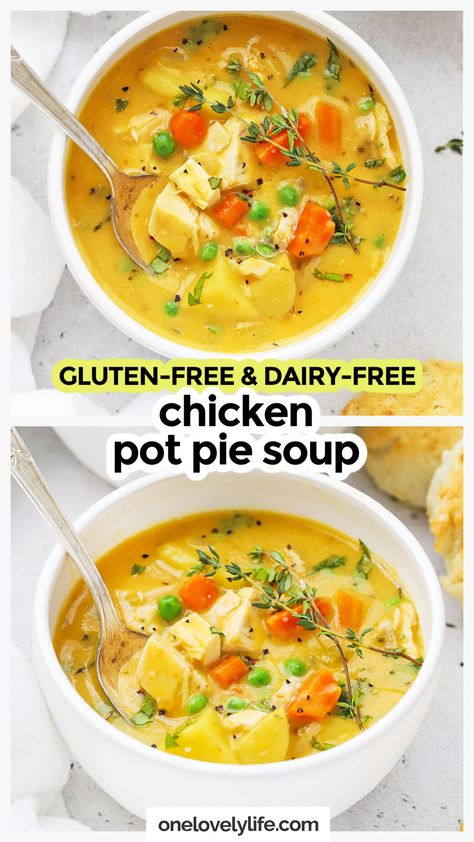 Healthy Chicken Pot Pie Soup, Dairy Free Chicken Pot Pie, Whole 30 Soup, Dairy Free Soup Recipe, Chicken Pot Pie Soup Recipe, Pot Pie Soup Recipe, Chicken Soup Recipes Homemade, Gluten Free Soup Recipes Glutenfree, Healthy Chicken Pot Pie