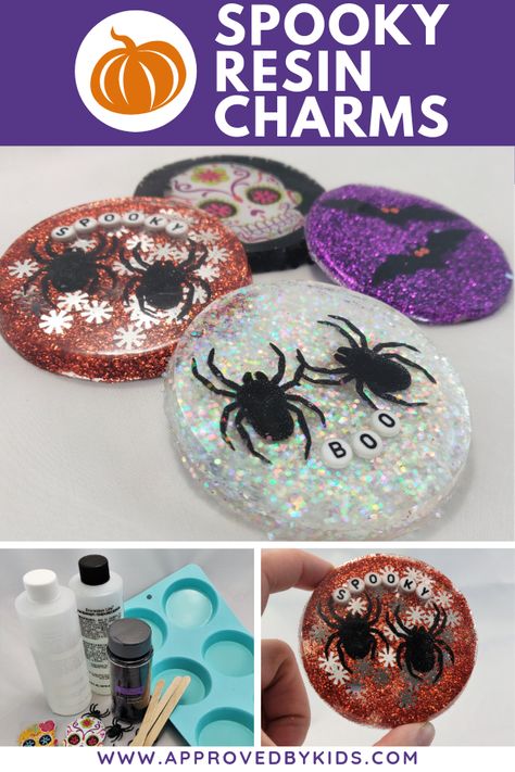 Easy DIY Halloween Resin Charms & Keychains: Spiders, Bats, El Dia de los Muertos skulls and more! These resin charms (or necklace pendants) are great for kids and teens to make. They are fast and easy to make and teens will love them (they make them to sell too!). Use them for decoration, for school or to give to friends. Fall has never been so fun! Halloween Kids Crafts, Halloween Resin, Resin Arts, Halloween 20, Resin Ideas, Acrylic Keychains, Halloween Charms, Easy Diy Halloween, Resin Craft